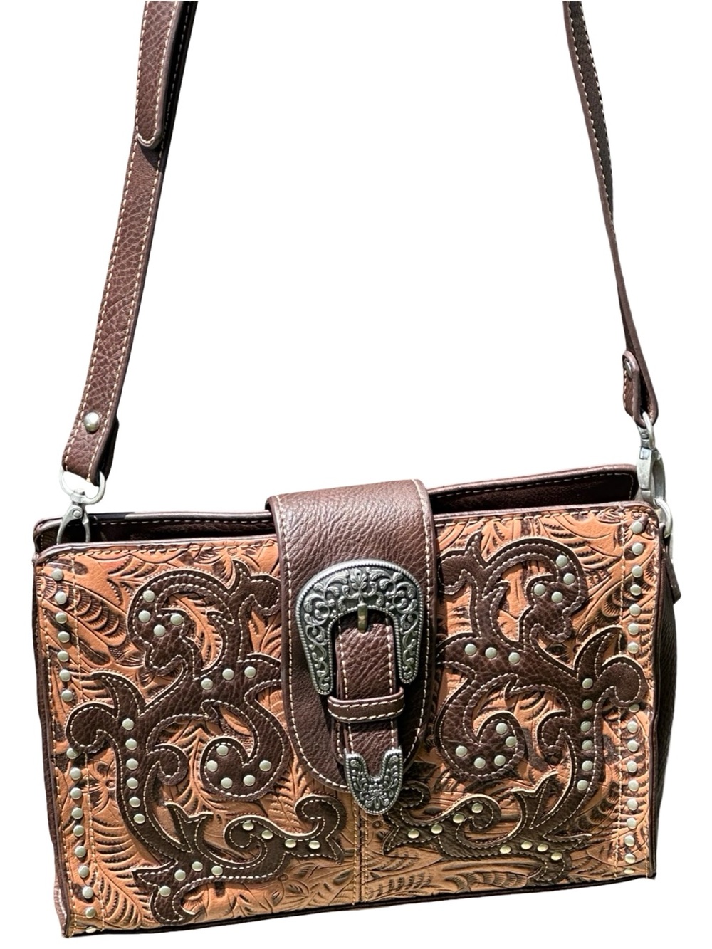New Bandana by American West Tooled Leather Western Buckle Crossbody Purse